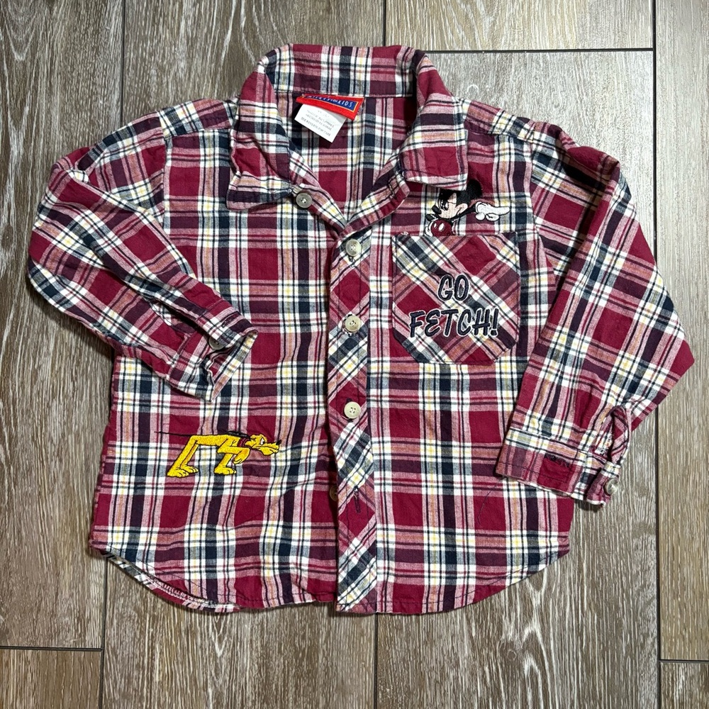 Vintage Disney Mickey & Pluto Plaid Shirt Toddler 2T 3T